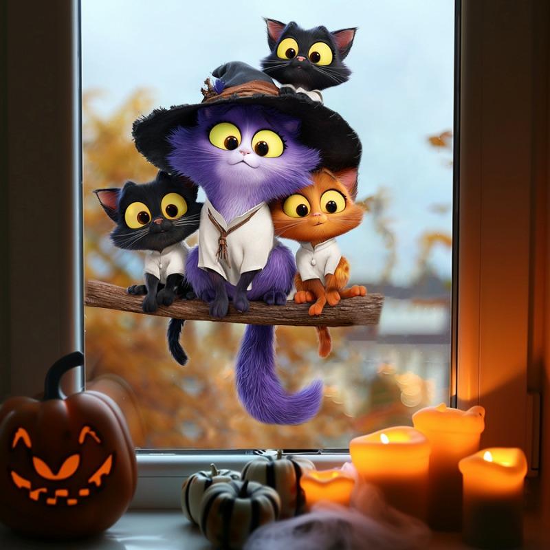 Cartoon Halloween Katze Fensteraufkleber - Selbstklebend Ohne Kleber Glasverschönerungsaufkleber