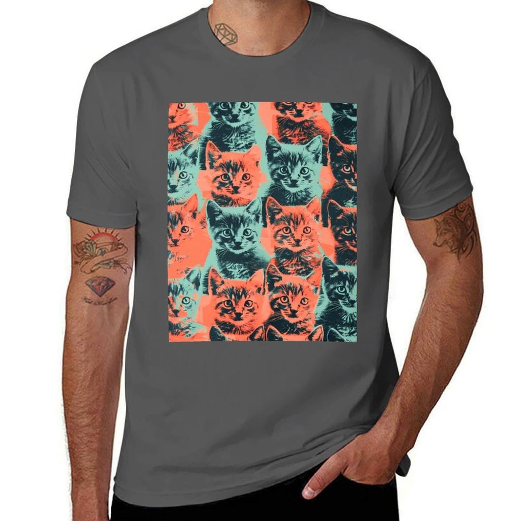 Adorable Vintage Pattern Art Cats Kittens Funny Tshirt Plus Size Summer Short Sleeve Tshirt