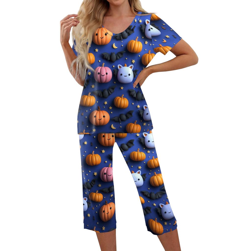 Womens Halloween Two Piece Set Short Sleeve Top with V Neck and Capri Pants Casual Lounge Wear Printed Ghost Pumpkin Pattern