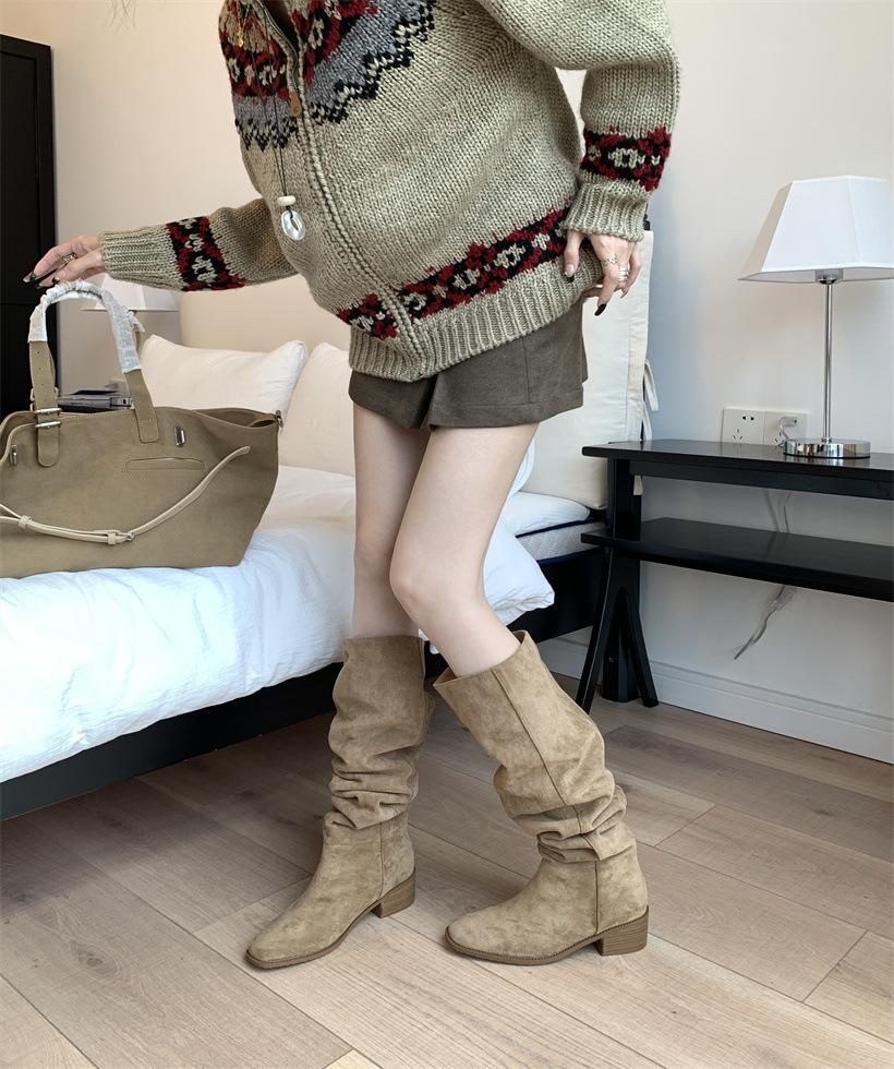 

Suede Two Over Knee Boots Women s 2025 New Retro Pleated Pile Boots High Heel Knight Boots Western Boots 39 хаки