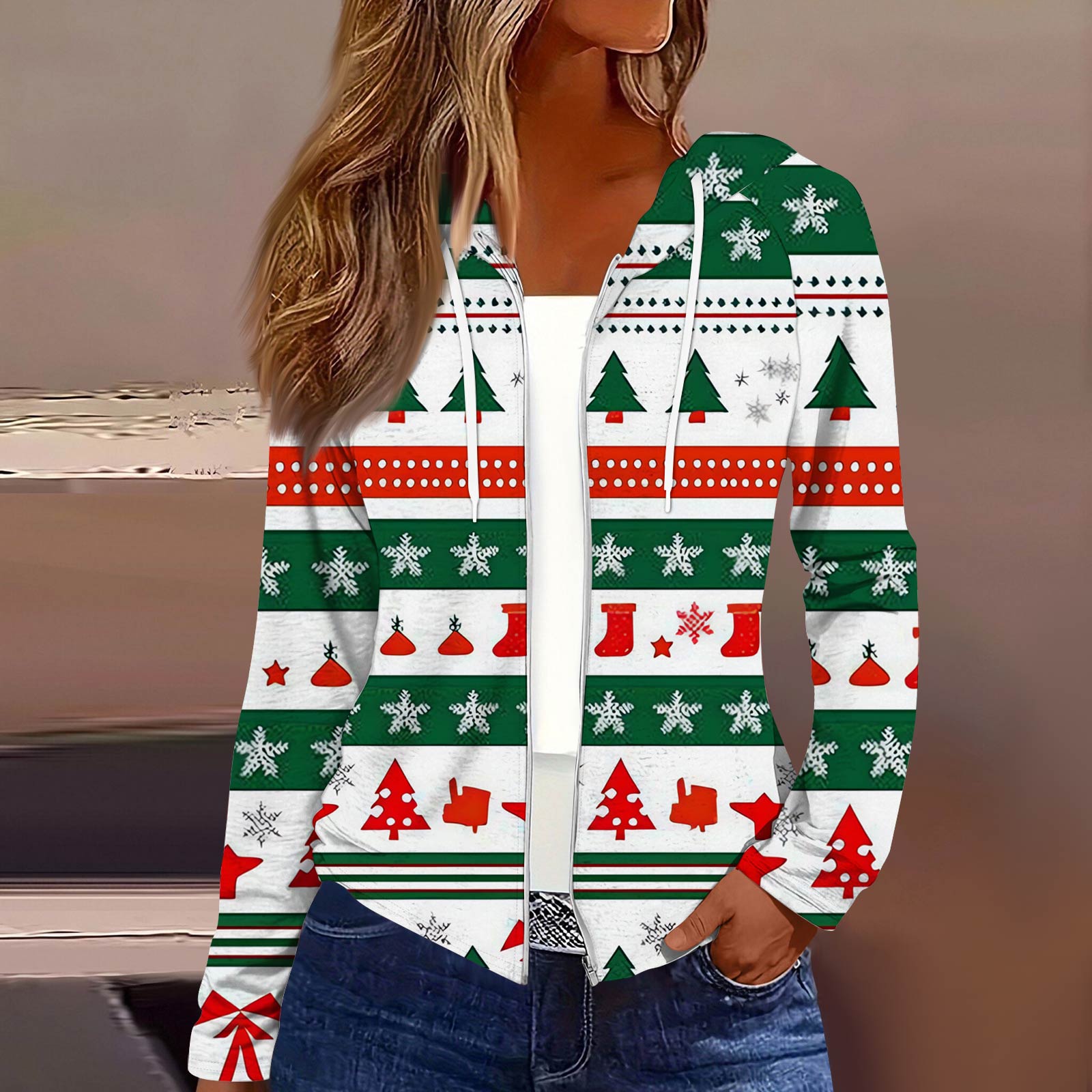 

Женская модная повседневная куртка с капюшоном на молнии с рождественским принтом и длинными рукавами L зелёный