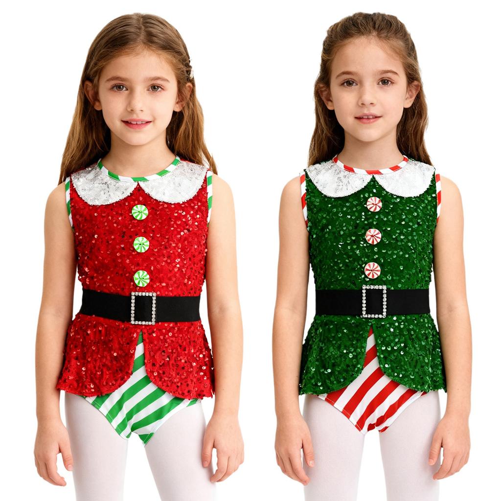 Kids Girls Christmas Santa Elf Costumes Candy Cane Striped Sequins Dance Leotard Xmas Skating Bodysuit