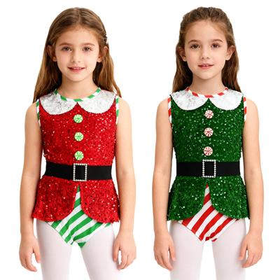 Girls Christmas Elf Costume Bodysuit Leotard Dance Gymnastic Ballet Dresses Sleeveless Sparkly Sequins Jumpsuit and Waistbelt