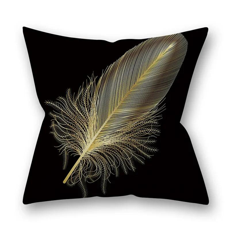 45x45cm Golden Feather Black Pillowcase Custom Leaves Plants Cushion Cover Sofa Living Room Home Decor Square Pillowslip