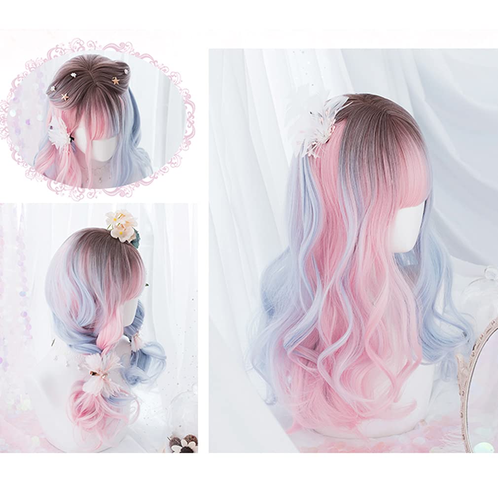 Harajuku Style Lolita Wig, Long Curly Two-Tone Wig (Blue & Pink), Heat-Resistant Cosplay Wig for GAL, Gothic Lolita, Party, Daily Wear, 54cm