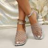 Square Toe Woven Hollow-Out Wedge Sandals – Summer New European & American Style Large-Size Covered-Toe Open-Back High-Heel Sandals for Women