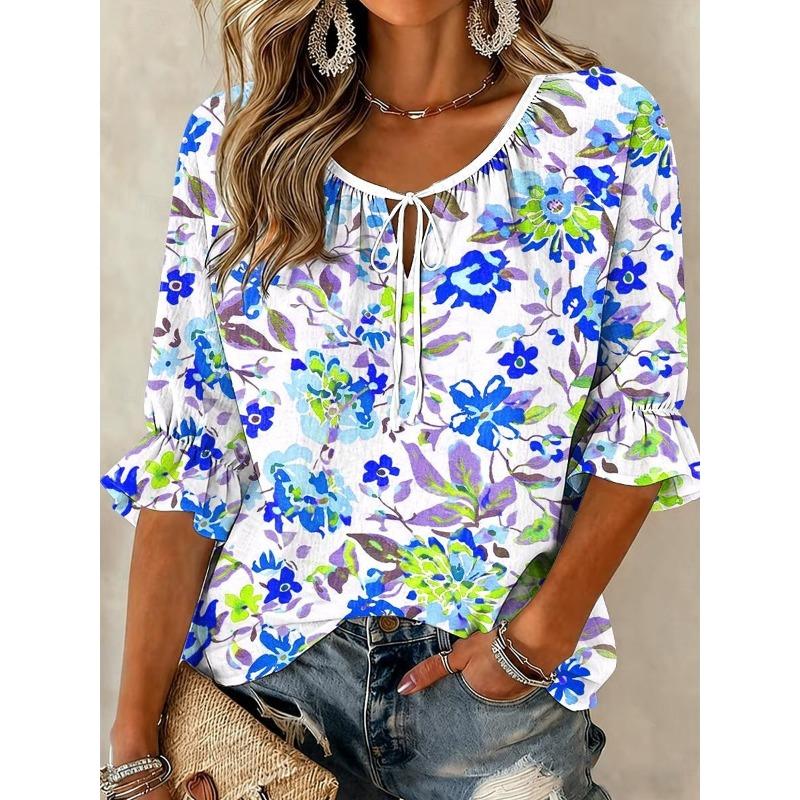 Women's White Multicolor Floral Print Tie Neck Blouse, Casual Loose Tops for Spring Summer Daily Wear Vacation Occasions