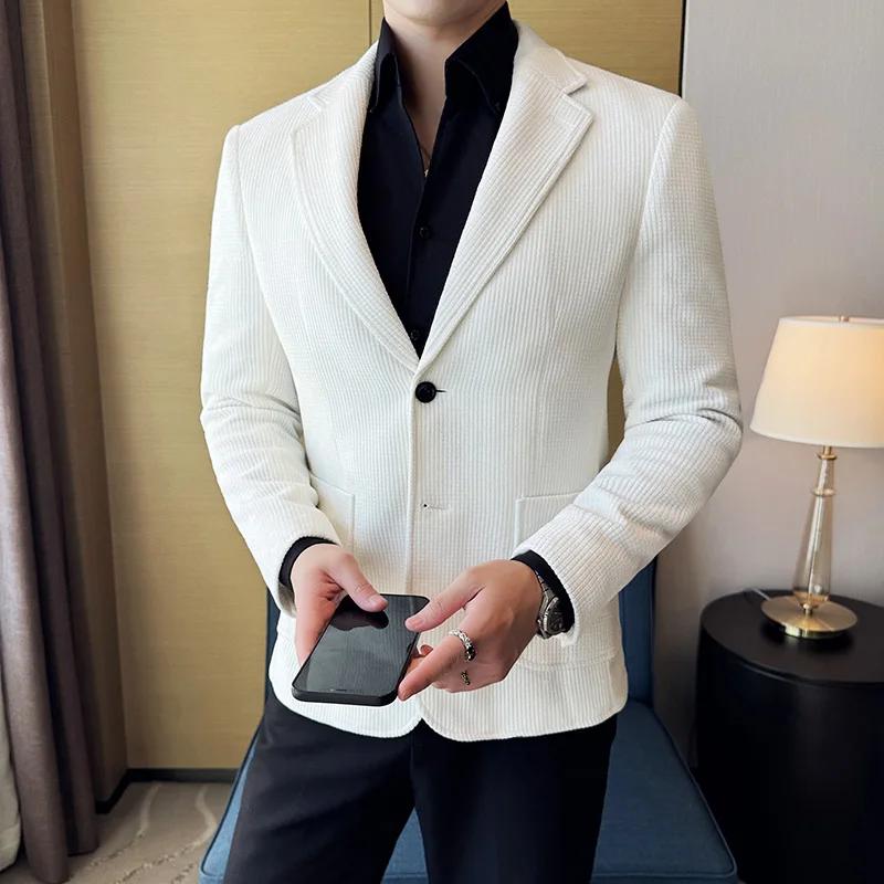 Осень Зима Мужской Вельветовый Костюм Куртка Мужская Приталенная Деловая Социальная Блейзеры Мода Мужчины Свадебный Банкет Вечеринка Платье Пальто 4XL белый