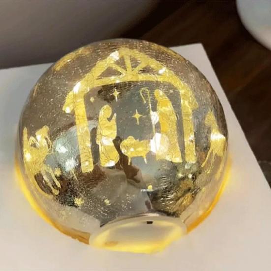 Glowing Cracked Nativity Ball Illuminated Crackle Sphere with Nativity Scene Hidden Lighted Christmas Glass Ball for Tree Home Party Decor