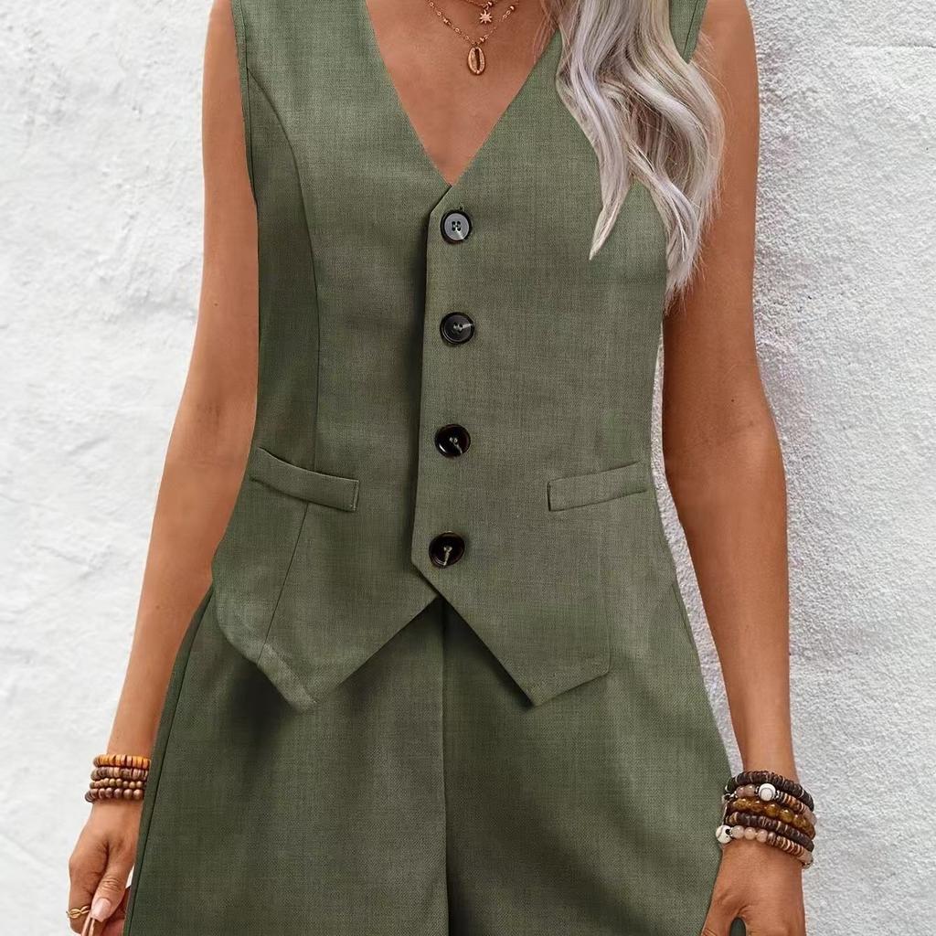 2026 New Cross-border Casual Women's Clothing Elegant Commuter V-neck Button-decorated Vest Shorts Short Two-piece Set