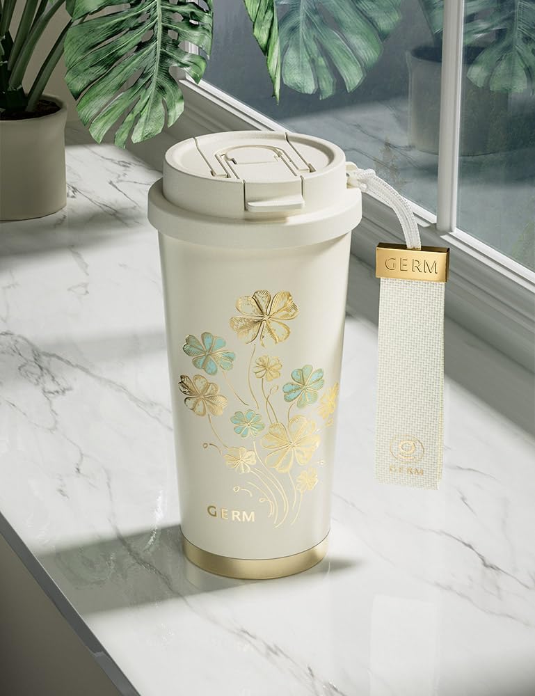 GERM [Four-Leaf Clover] Sparkling Design 500ml Tumbler  316 Stainless Steel Vacuum Insulated  Keeps Drinks Hot or Cold  Includes Lid & Straw 