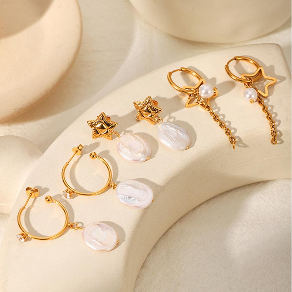 Vintage Stainless Steel Gold Color Star Drop Earrings for Women Elegant Pearl Dangle Earring Long Chain Tassel Geometric Zircon