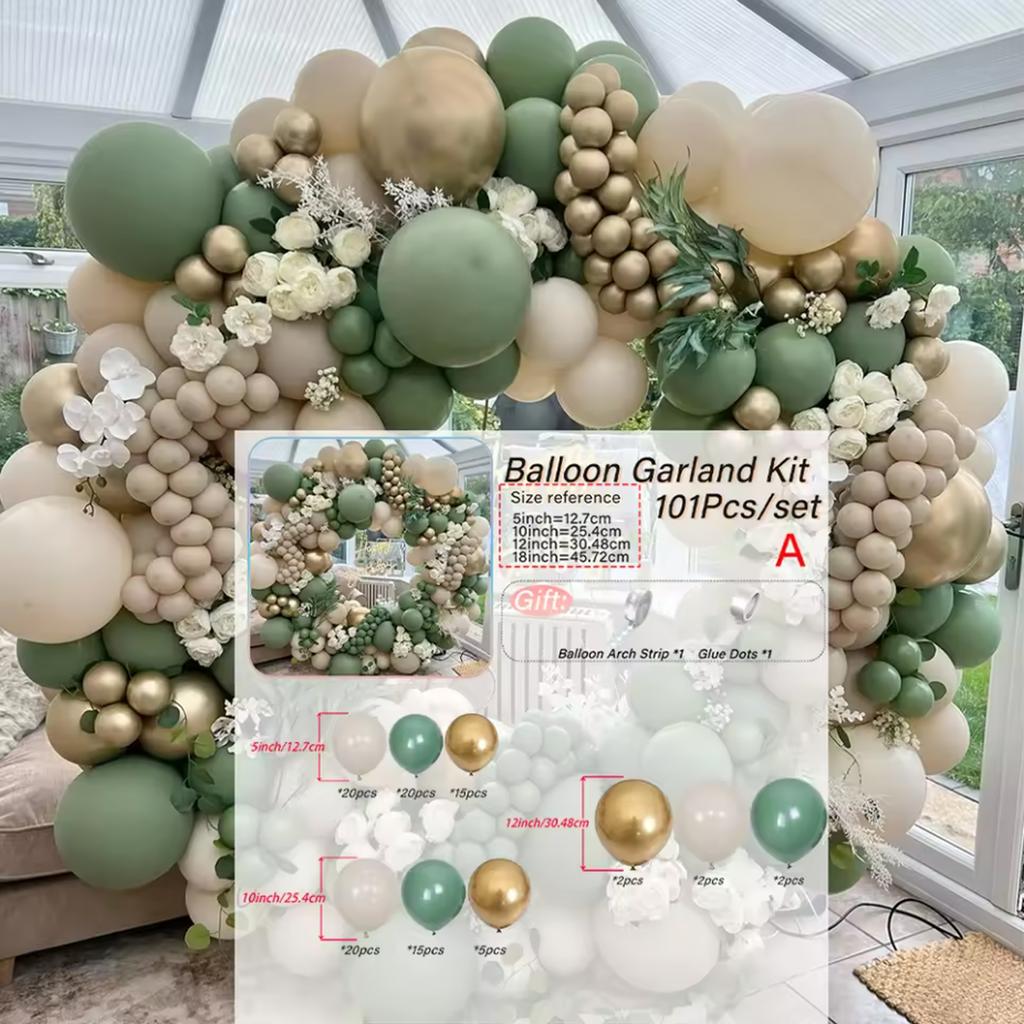 101pcs Green and Sand White Latex Balloon Arch Kit, Birthday Decoration, Wedding, Festival, Anniversary, Bridal Shower Decoratio