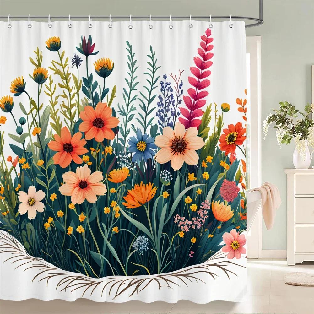 Rideau de douche Fleurs Magnifiques, Feuilles Aquarelle Sur La Plante Supérieure Avec Décor Floral de Salle de Bain, Ensemble de Rideau de Douche Avec Crochets