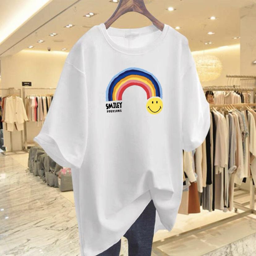 

Pure cotton t-shirt women s short-sleeved pure cotton 2025 new summer big version loose rainbow smiley face long top tide S белый