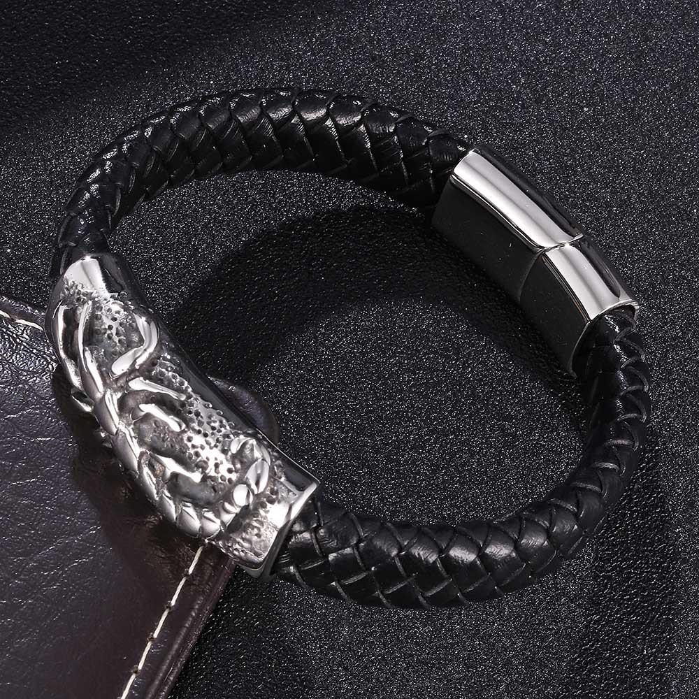 Classic Black Leather Scorpion Bracelet with Stainless Steel Magnetic Buckle