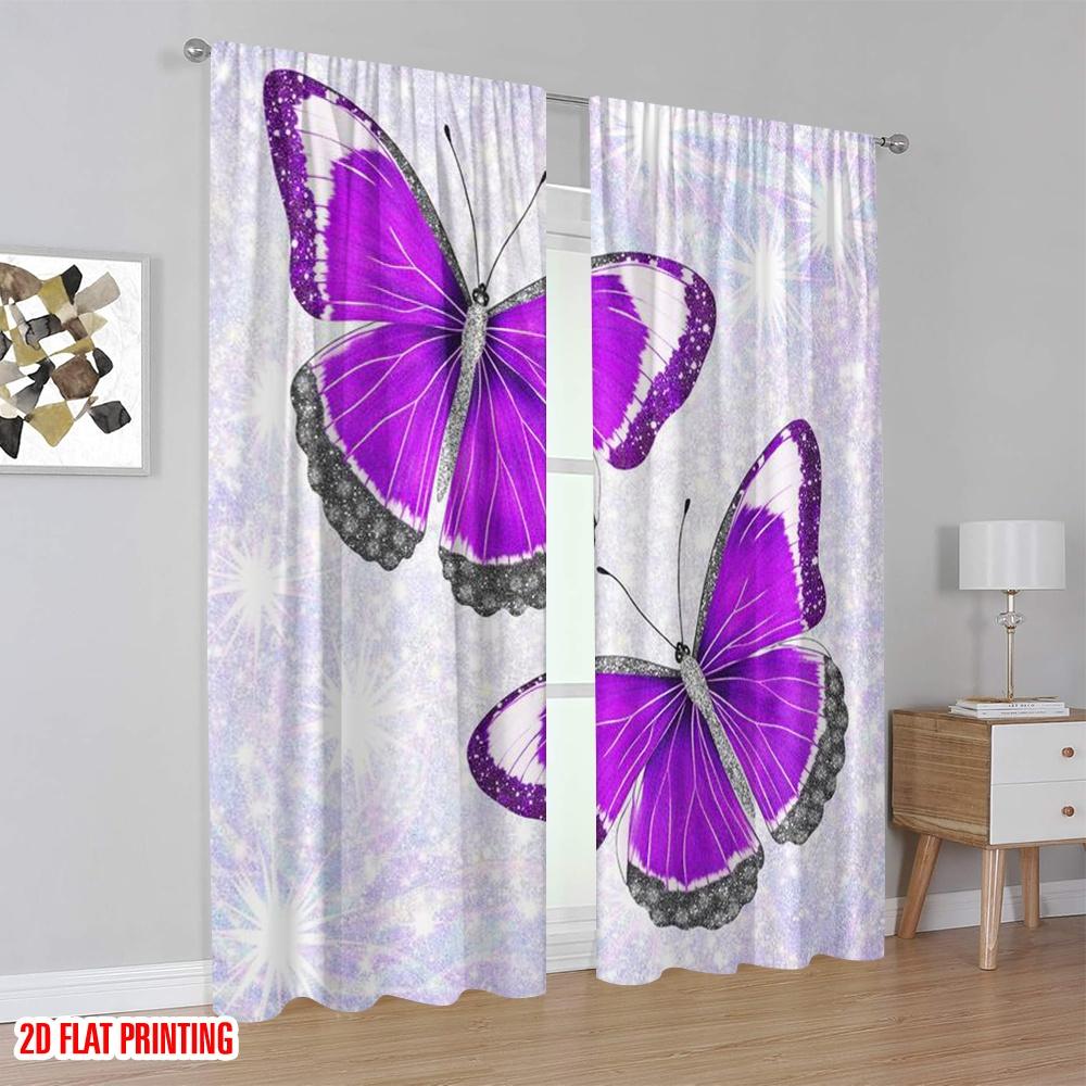 2D flat printing 2pcs Curtain Window Treatment Curtains Purple Butterflies with Sparkles Digital Printed Polyester Drapes