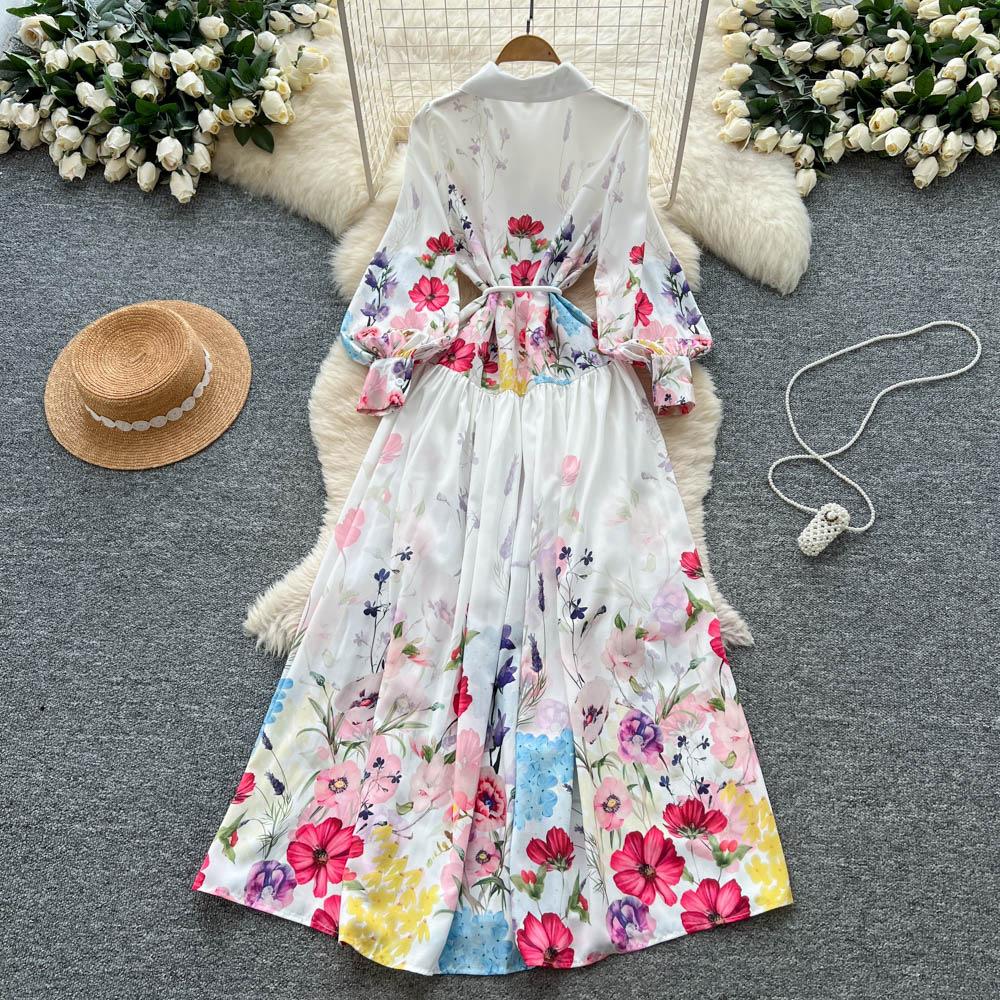 French retro fashion positioning printed dress women's autumn straps waist and thin temperament single-breasted long skirt