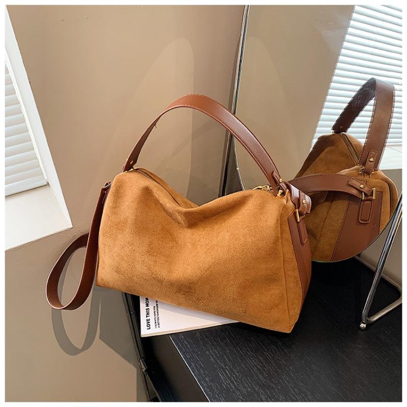 Monochromatic Faux Suede Shoulder Bag for Women Zipper Boston Bag Large Capacity Simple and Elegant High Quality New Style