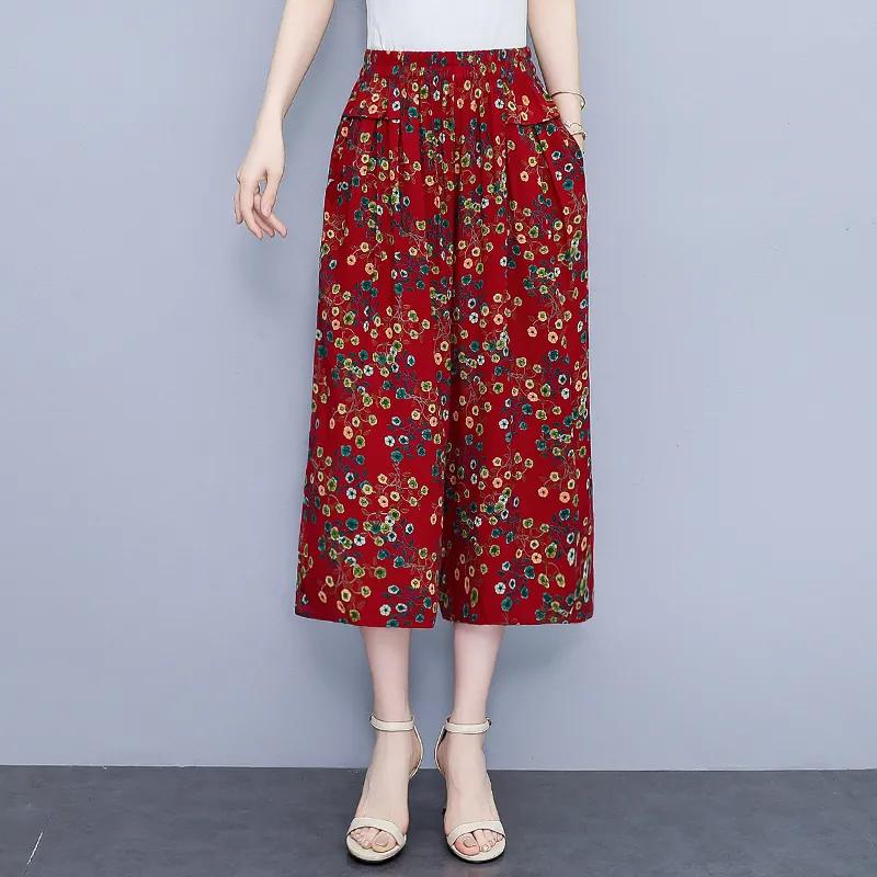 Pantalones Casuales Sueltos de Siete Minutos de Pierna Ancha de Cintura Alta para Mujer de Verano para Mujeres de Mediana Edad y Mayores Finos Cómodos