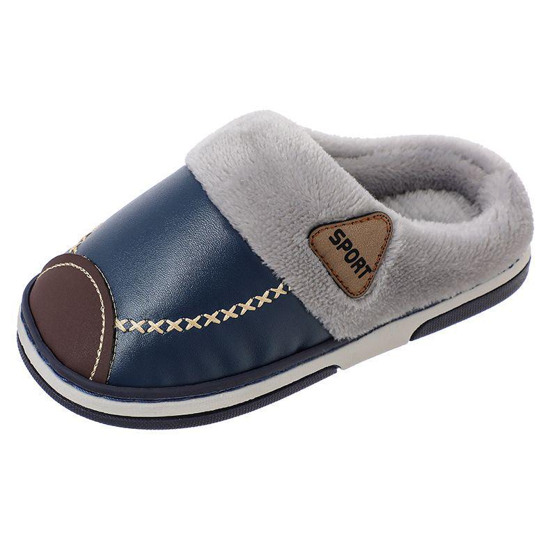 Waterproof Non-Slip Winter Warm Cotton Slippers with Velvet & PU Leather for Men, Women, & Kids