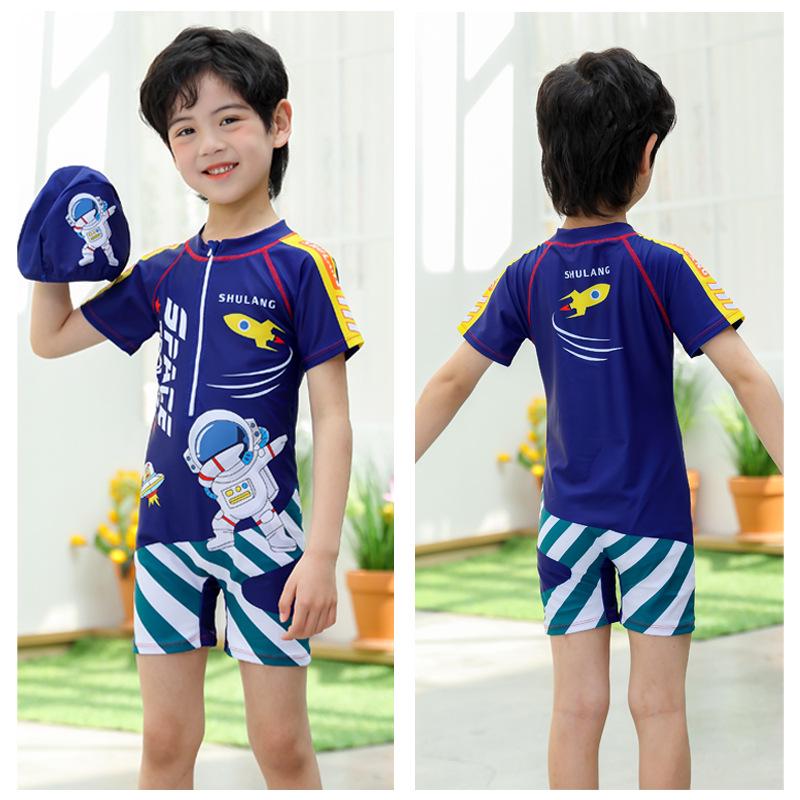 Kids' Quick-Dry Short Sleeve One-Piece Swimsuit for Boys - Medium & Large Sizes, Ideal for Swimming and Hot Springs