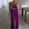 Tuta Elegante da Donna con Spalline di Perle e Paillettes Gamba Larga Scollo a V Senza Maniche per Feste