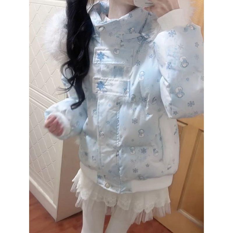 Milk whirring sweet and cute full print snowman fur collar hooded cotton coat women's winter new thickened warm cotton coat