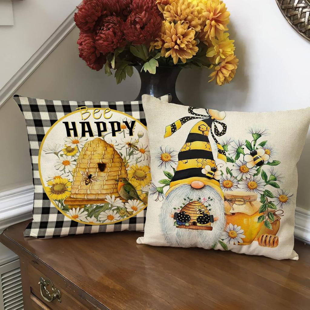 Fahrendom Spring Summer Yellow Bumble Bee Happy Gnome Decorative Throw Pillow Cover 18x18 Set of 4, Fall Black Buffalo Plaid Honey Themed Home