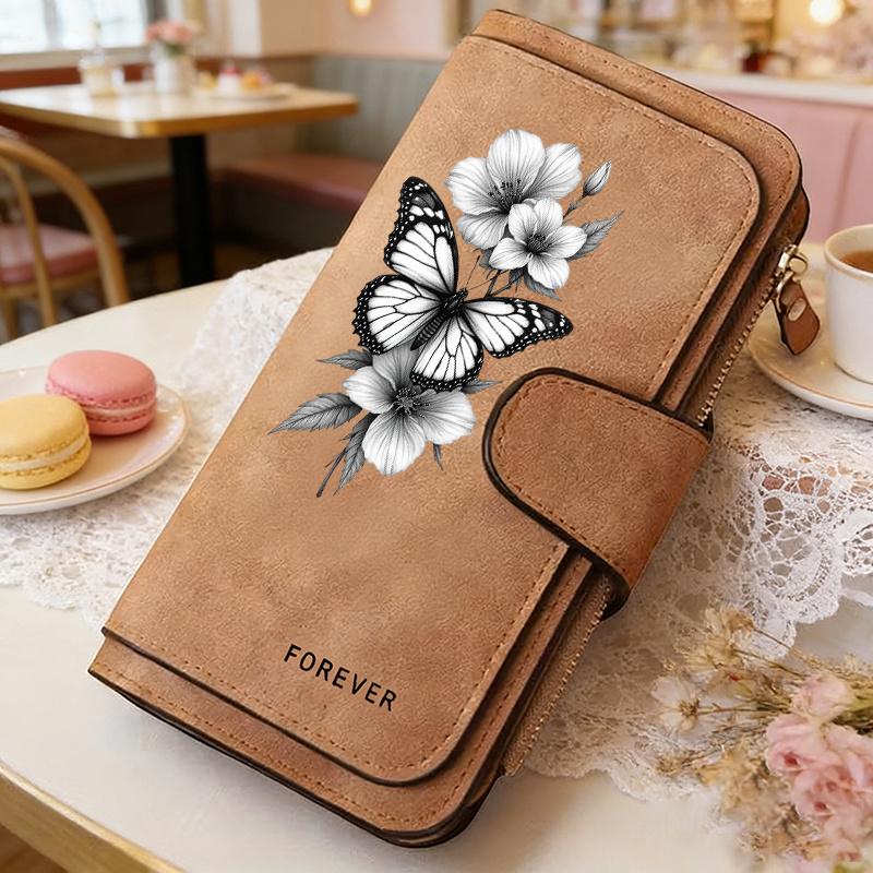 Butterfly Women's Long Wallet 3-Fold Card Holder Multi-Card Slots Printed Zipper Coin Purse Cash ID Credit Card Organizer Gift Wallet for Women Girls