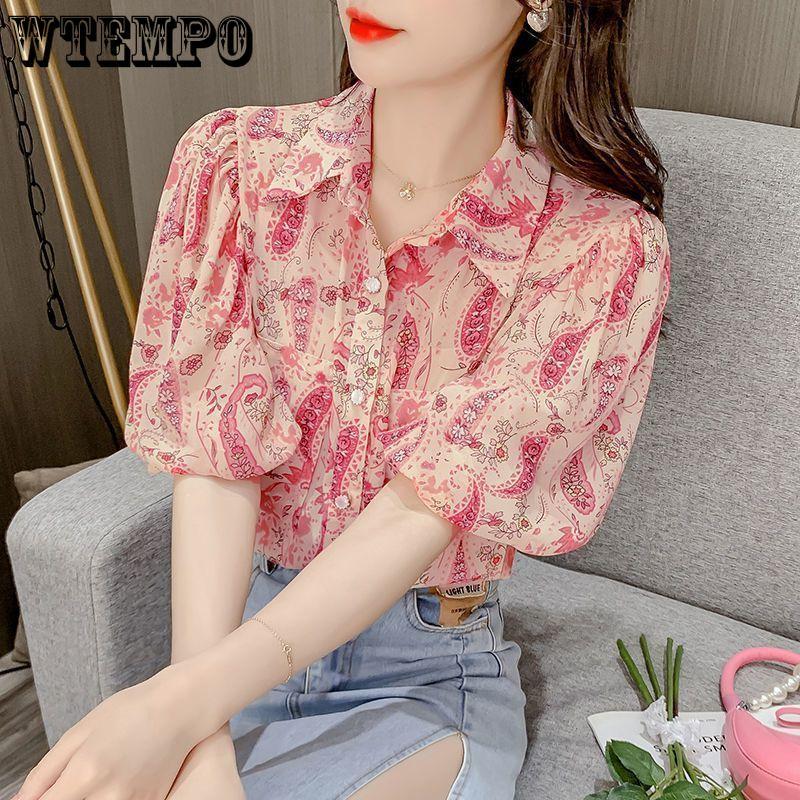 Bubble Sleeve Floral Chiffon Shirt for Women in Spring and Summer Niche French Style