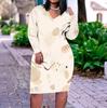 Women Plus Size V Neck Long Sleeve Fitted Printed Straight Midi Dress