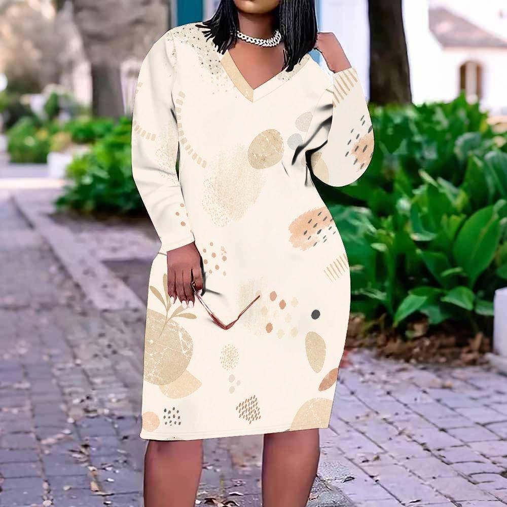 Women Plus Size V Neck Long Sleeve Fitted Printed Straight Midi Dress