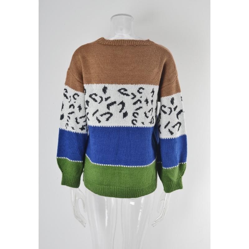 Women's Autumn and Winter Leopard-print Patchwork Knitted Pullover Plus Size Sweater