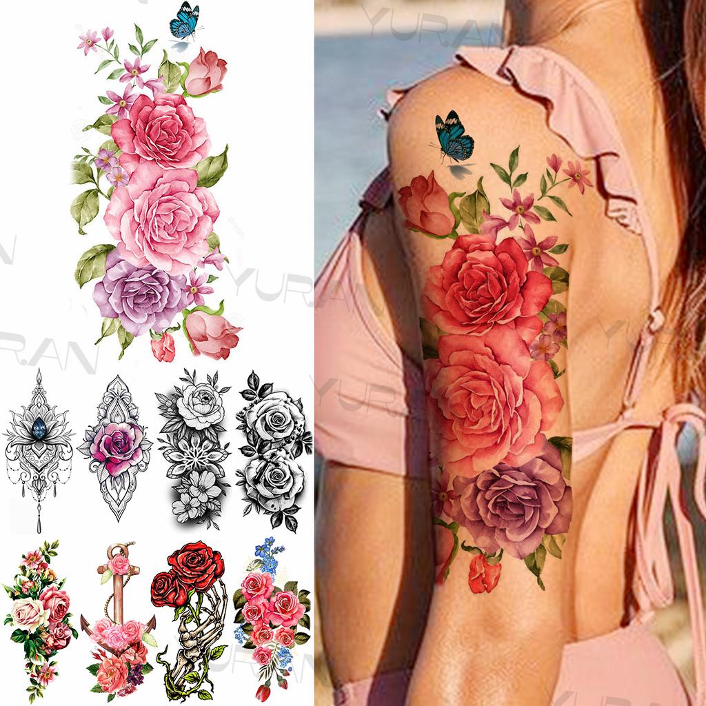 Large Colorful Rose Flower Temporary Tattoos For Girls Women Anchor Fake Gemstone Pendant Tattoo Paste Arm Body Tatoos Creative