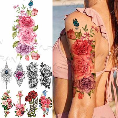 Large Colorful Rose Flower Temporary Tattoos For Girls Women Anchor Fake Gemstone Pendant Tattoo Paste Arm Body Tatoos Creative