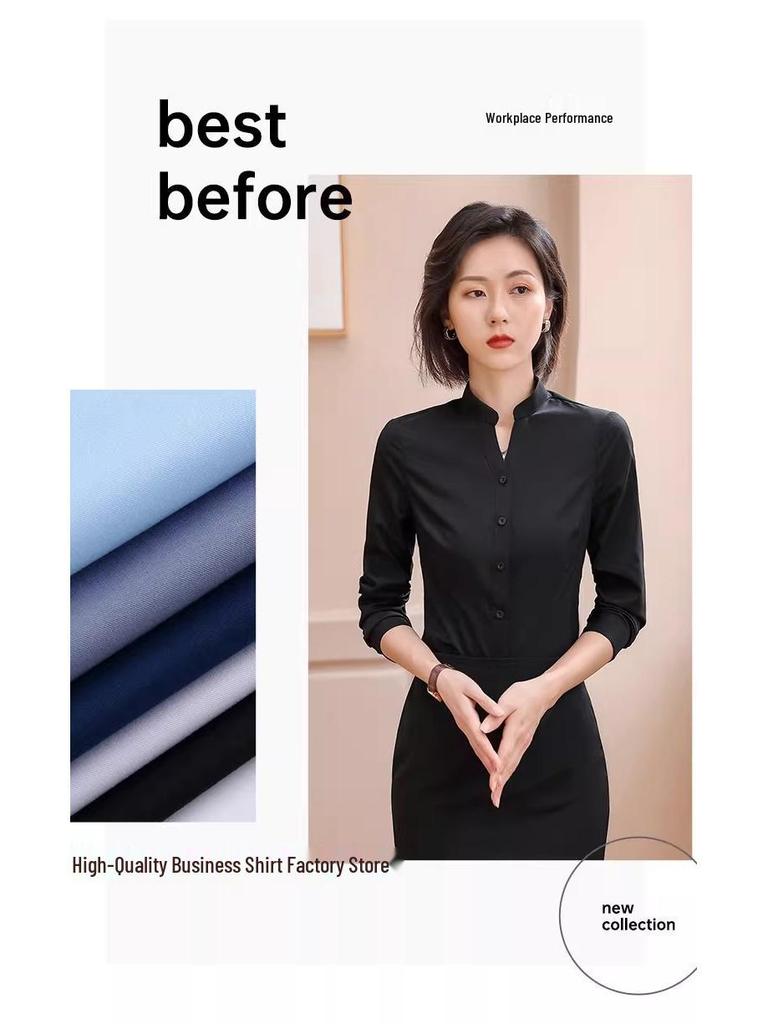 Women's Black Slim-Fit Professional Long-Sleeve Stand-Up Collar Shirt - New 2026 Business Formal Wear