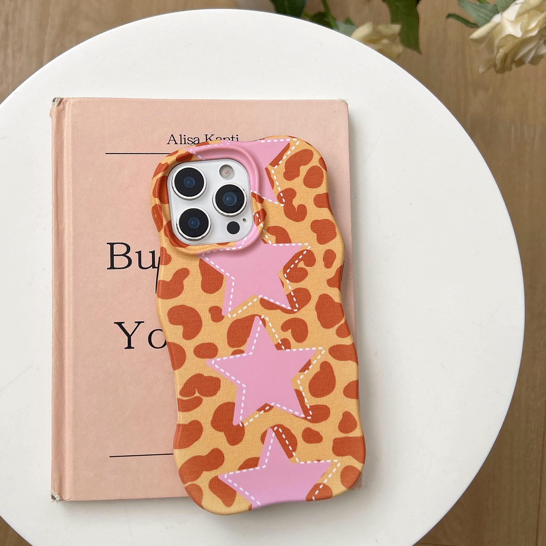 

Leopard Print iPhone 16 Pro Max/17 Case - Pink Stars, 2-in-1 Wavy Design for Models 15/14 14Pro