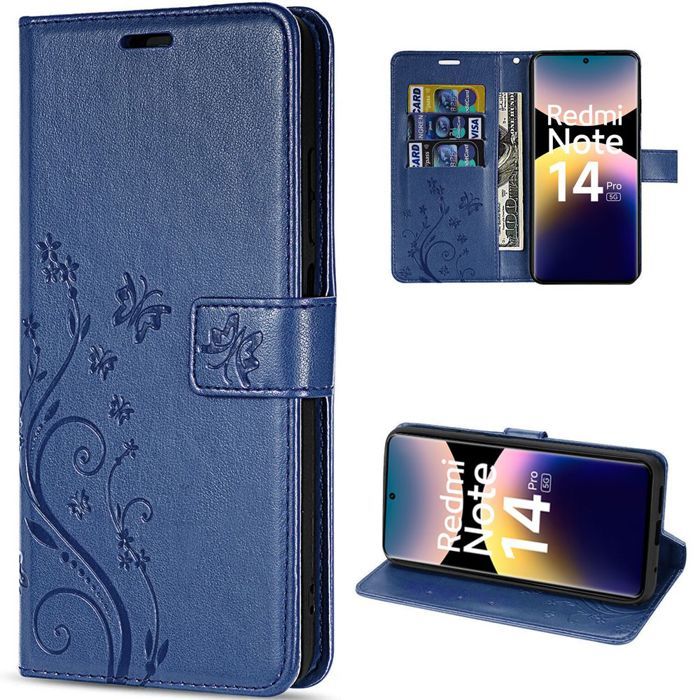 Hülle für Xiaomi Redmi Note 14 Pro 5G (nicht für 4G) Schutz Kunstleder Relief Floral Artistisch - Marineblau