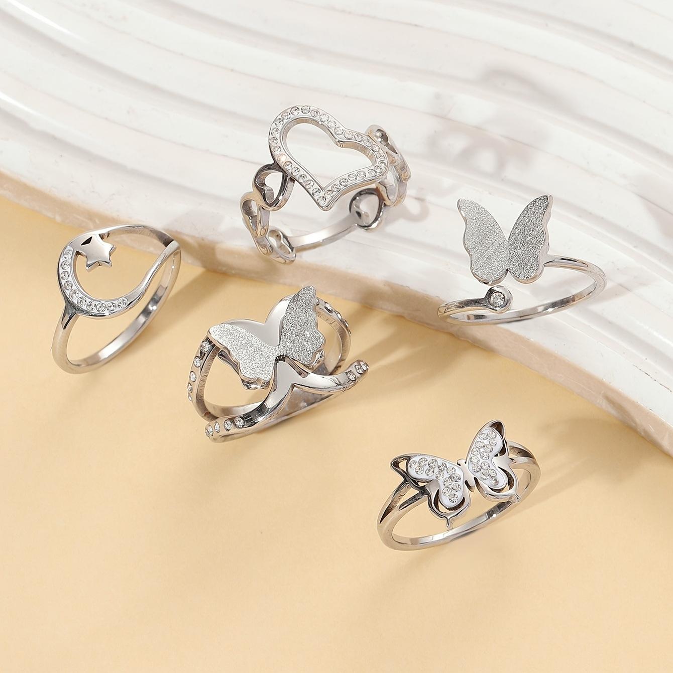 Stainless Steel Ring Light Luxury High-end Butterfly Ceramic Clay Diamond Ring Titanium Steel Jewelry Five-piece Set Wholesale 10No.