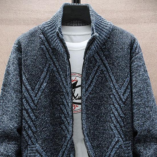 Gestrickte Langarm Herren Strickjacke Herbst Winter Geometrisches Muster Stehkragen Pullover Mantel Oberbekleidung