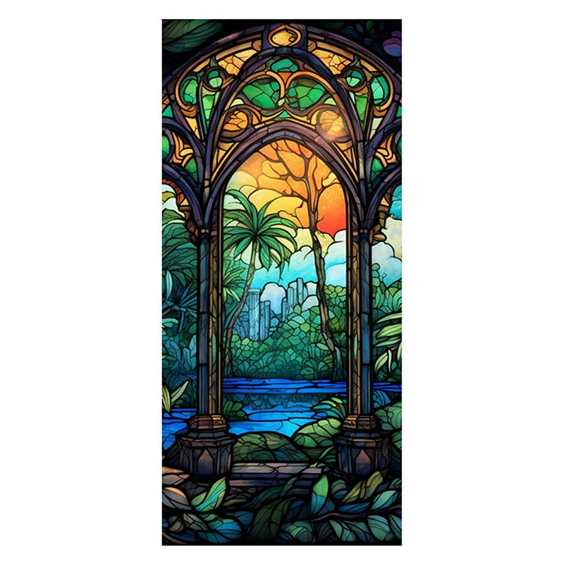 45x100cm Vitraliu Colorat Plantă Tropicală Floare Film pentru Ușă Fereastră PVC Adsorbție Statică Autocolant Sticlă Decor Acasă Decal Detașabil