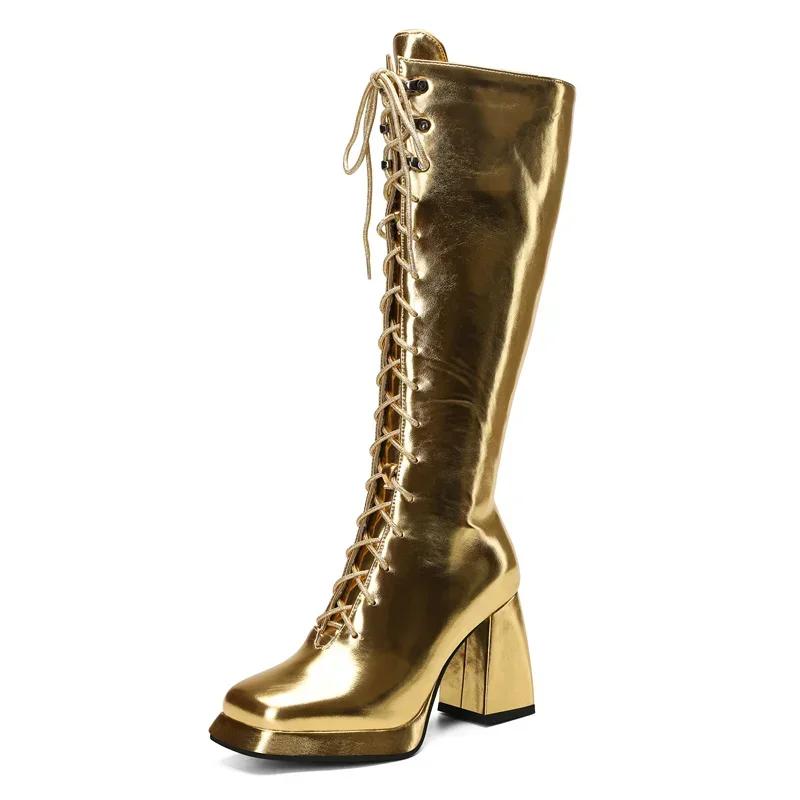 

Зима Осень Женские Серебристые Золотистые Сапоги Платформа до Колена Блочный Каблук Сексуальные Вечерние Клубные Платье Леди Квадратный Носок Шнуровка Плюшевые Длинные Сапоги 46 золотой