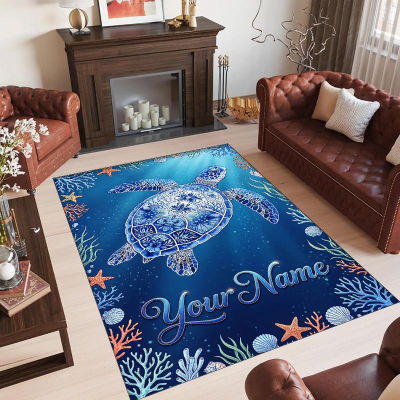 Mermaid Underwater Theme Crystal Velvet Rug Personalized Custom Name Text Soft Floor Mat Home Decor