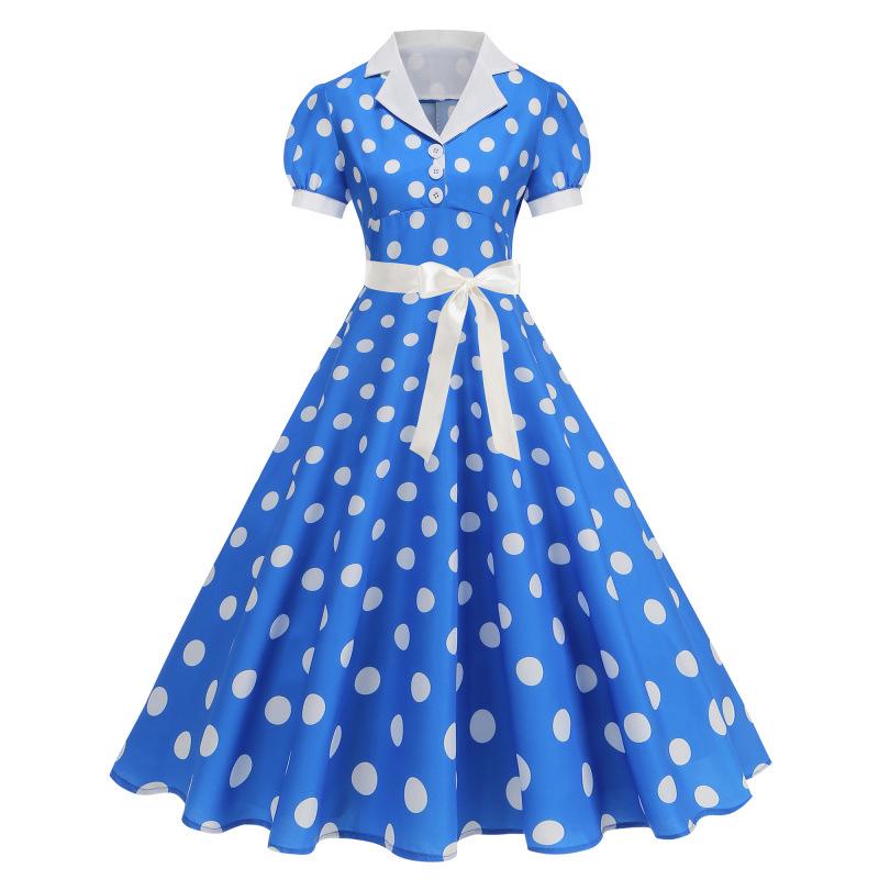 2025 Polka Dot White-Collar Dress: French Retro, Hepburn-Inspired, Hong Kong Style M синий