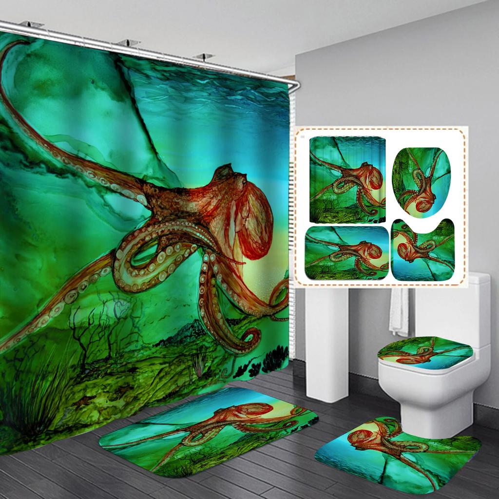 Ocean Monster Octopus Print Shower Curtain Set Waterproof Bathroom Curtain Set With Rugs Toilet Cover Mat For Bathroom Decor