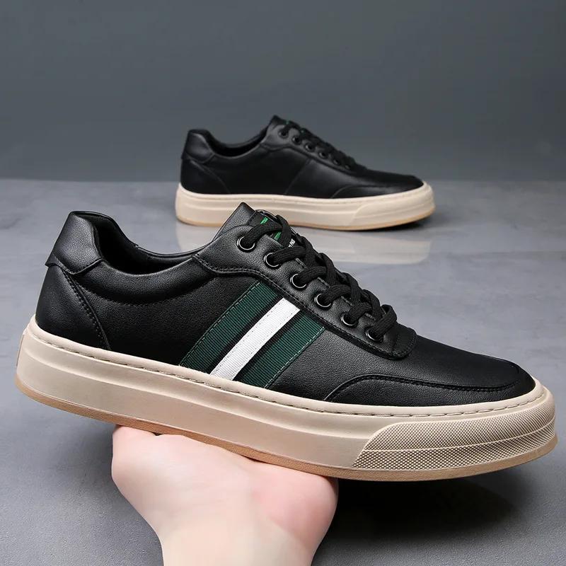 2024 Herbst Neue Schuhe für Herren Echtleder Freizeitschuhe Trend Gestreifte Flache Skateboard-Schuhe Street Cool Schnür-Sneaker