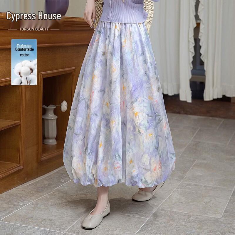 High-Waist Floral Elastic A-Line Long Skirt S