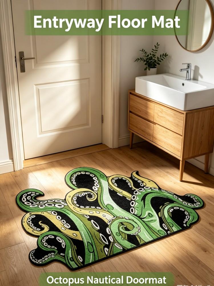 Irregular Octopus Tentacles Bathroom Rug Soft Plush Non‑Slip Doormat Creative Nautical Style Floor Mat for Bathroom Entrance Hom