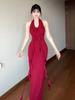 French summer temperament new celebrity red flower thin dress slim dress waist skirt women